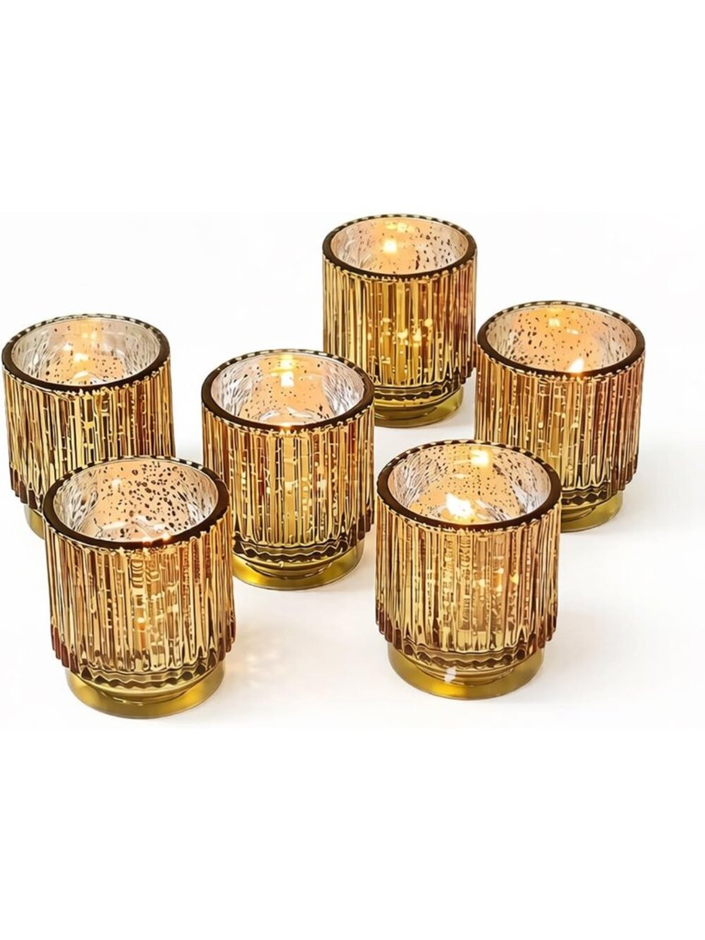 Vintage Gold Votive Candle Holders Set of 6 - Ribbed Mercury Glass Tealight